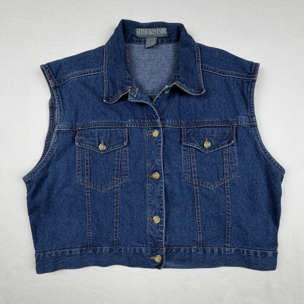 Upper West Side Womens Denim Vest Medium Wash Blue Cotton Button Up Size Large